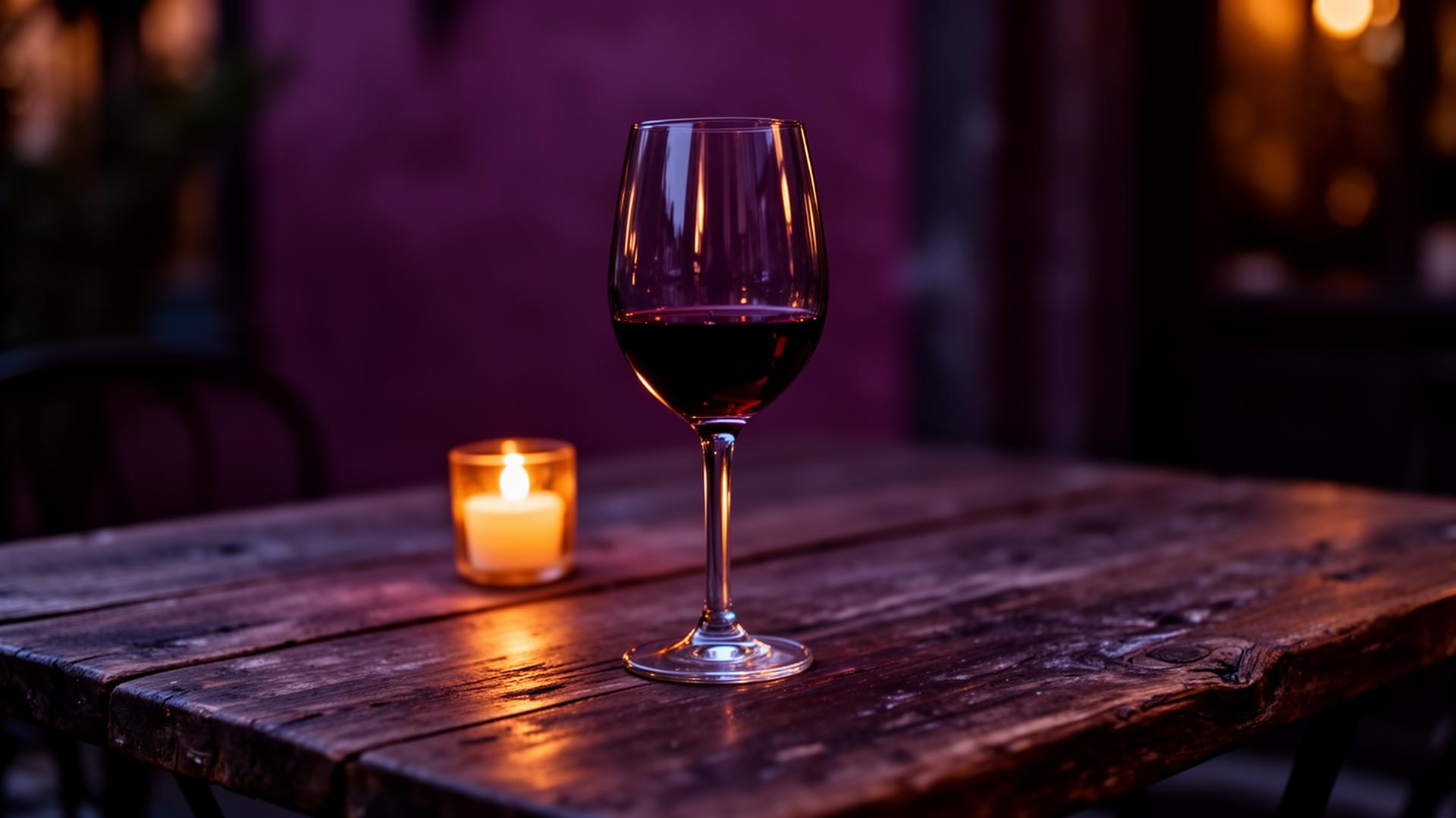 Glas wijn op een rustieke tafel bij kaarslicht