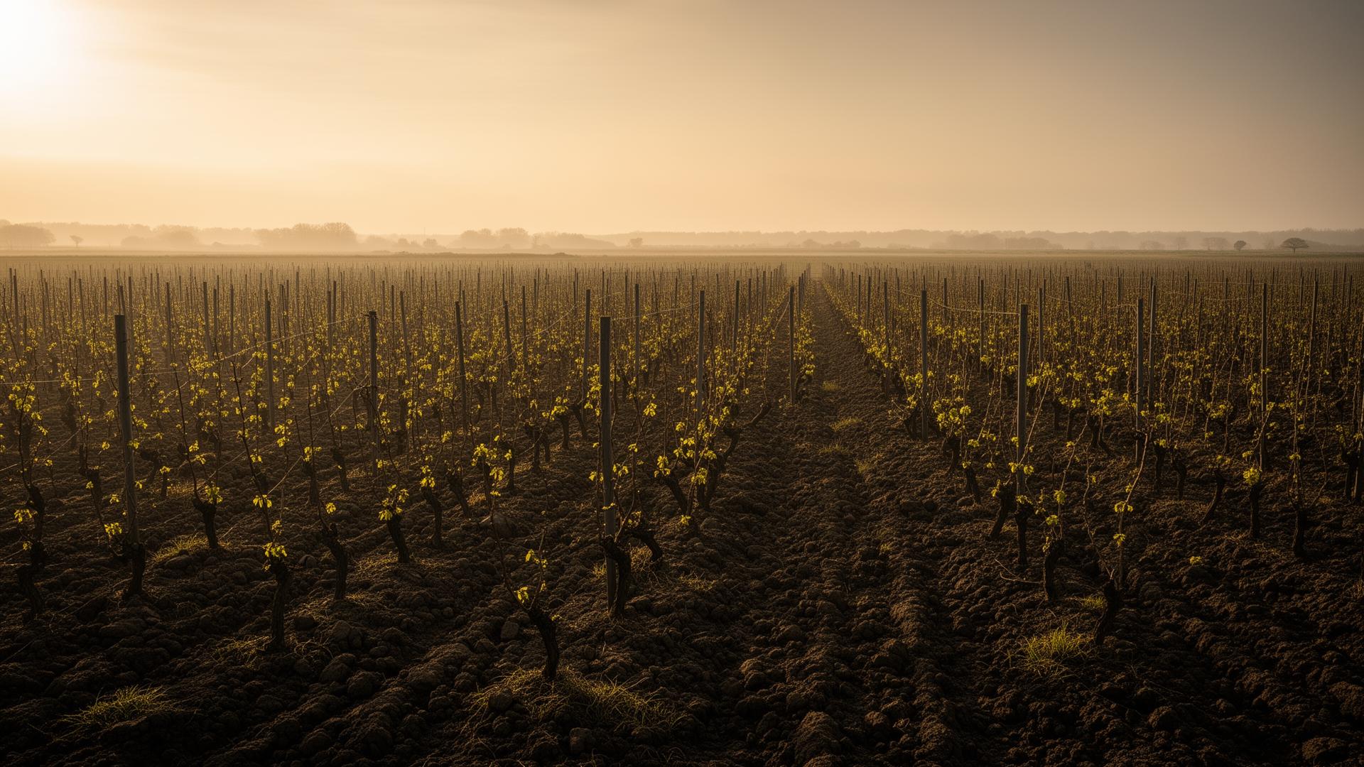 Young vineyard in the polders of Zeeuws-Vlaanderen at golden hour